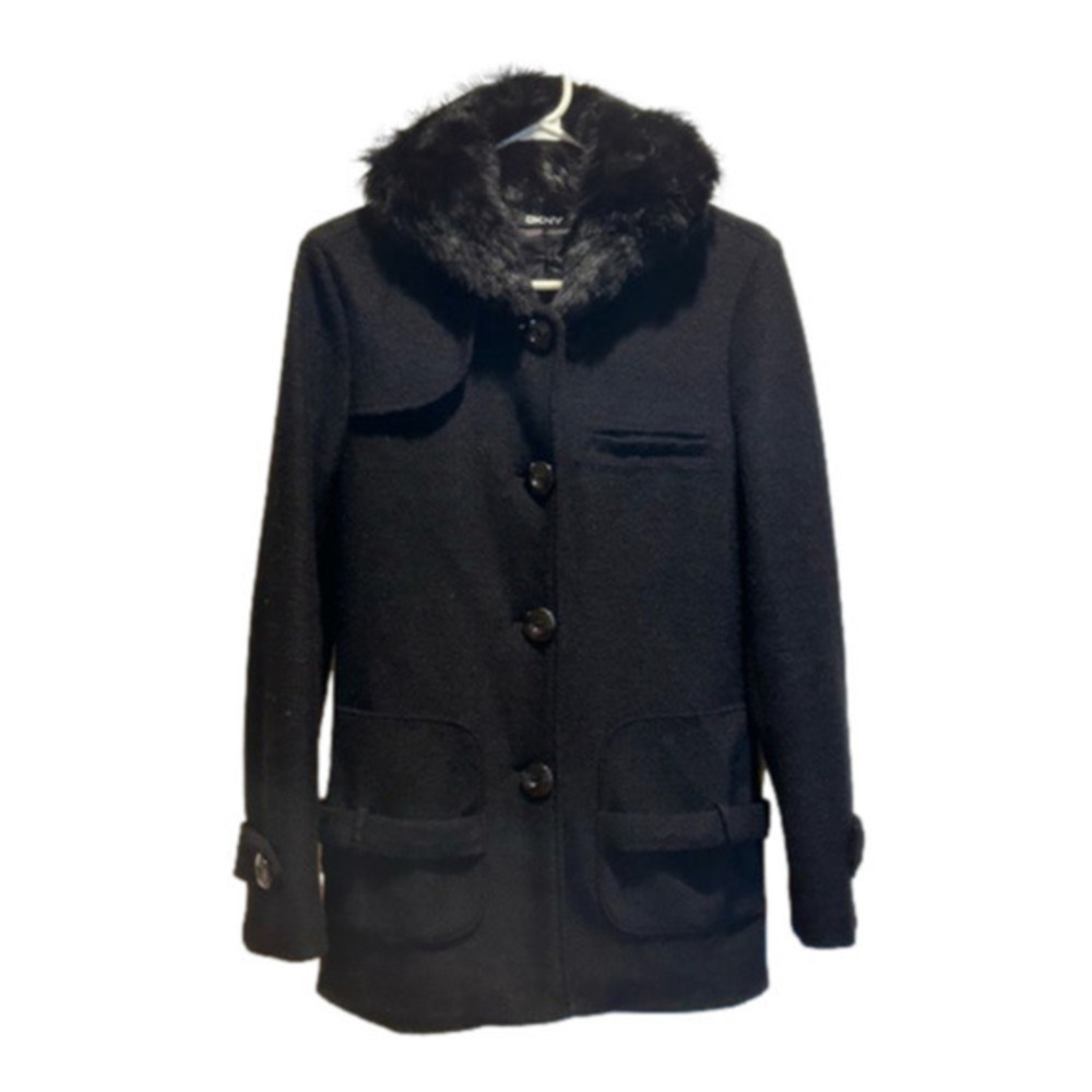 Vintage DKNY faux-fur trim hooded black 70% wool blend jacket